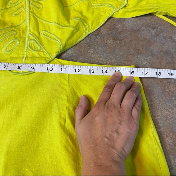 Farm Rio Monstera Midi Dress Maxi Linen Leaf Open Back Strappy Neon Highlighter - Picture 10 of 17